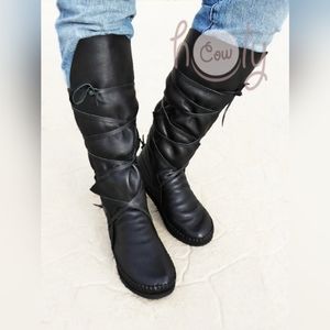 Holy Cow Chic Handmade Black Leather Knee High Moccasin Boots